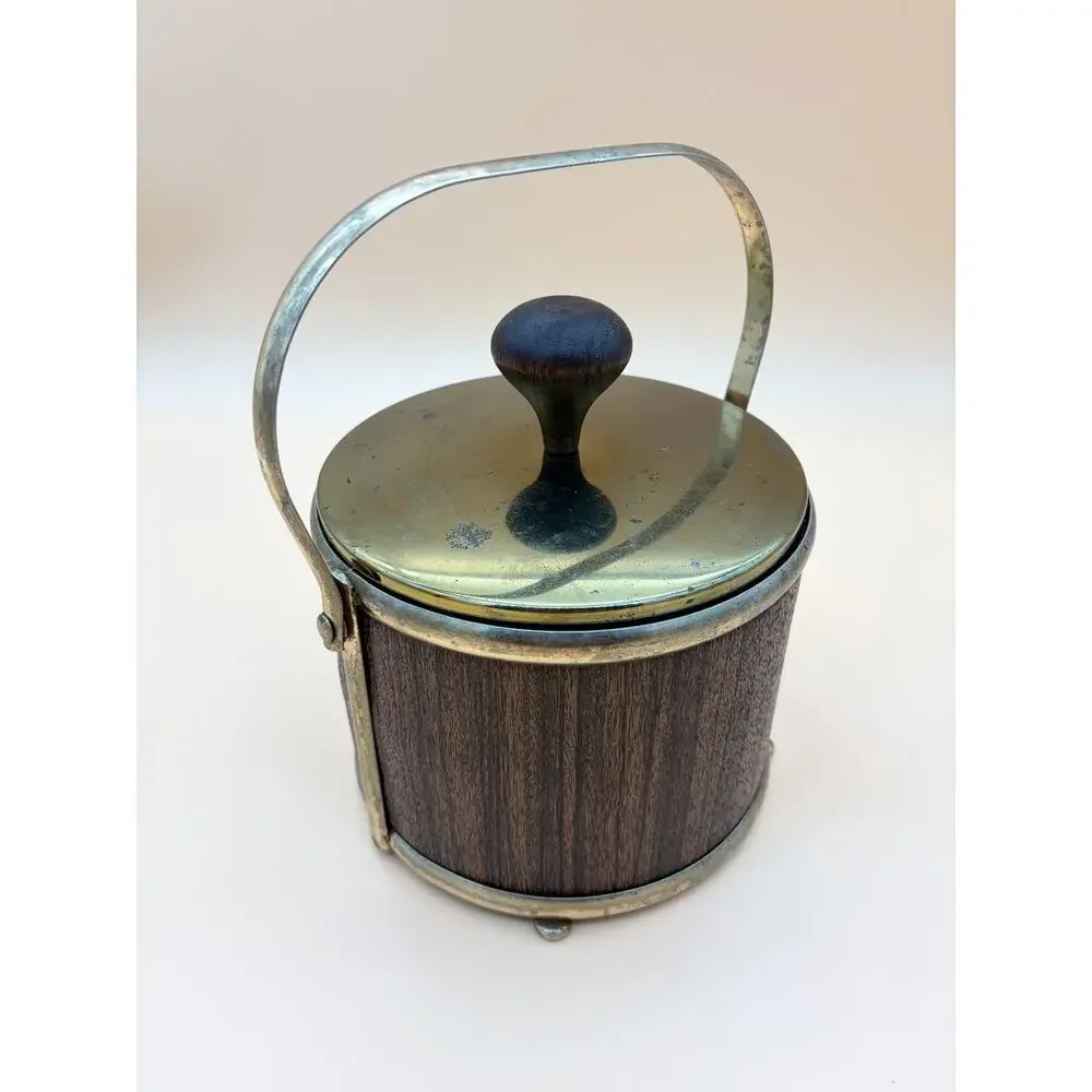 Vintage Ice Bucket Faux Wood Grain Milk Glass Liner Brass Tone MCM Barware